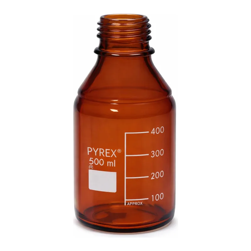 Merck Pyrex Media-Lab Bottles, amber glass, with-out cap and pouring ring, with printed trace code