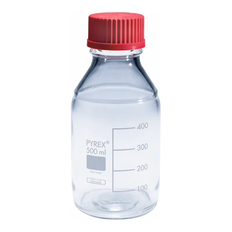 Merck Pyrex Media-Lab Bottles, with high temperature cap and pouring ring, with printed trace code
