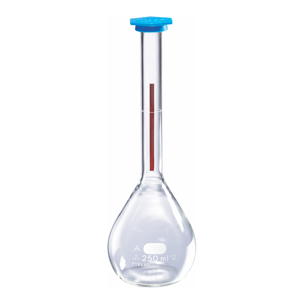 Merck Pyrex Lifetime-Red volumetric flask with snap cap