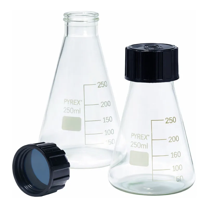 Merck Pyrex Erlenmeyer flask, graduated with SVL screwcaps