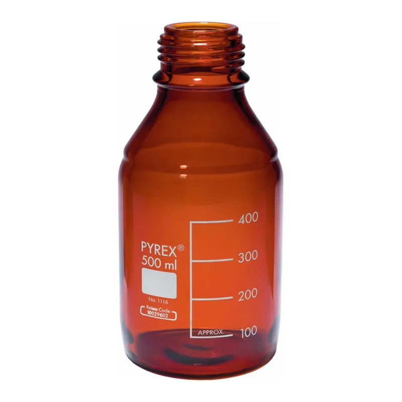 Merck Pyrex Media-Lab Bottles, amber glass, with-out cap and pouring ring, with printed trace code