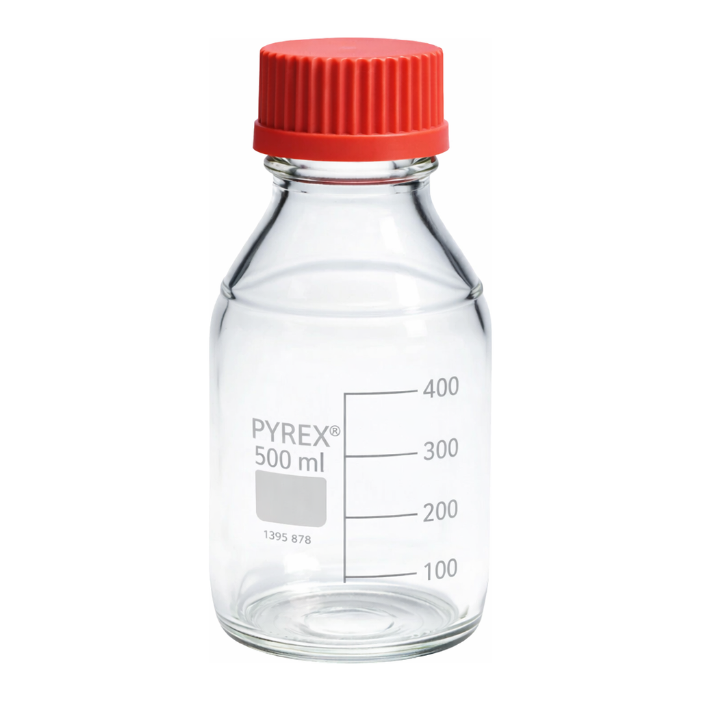 Merck Pyrex Media-Lab Bottles, with high temperature cap and pouring ring, with printed trace code