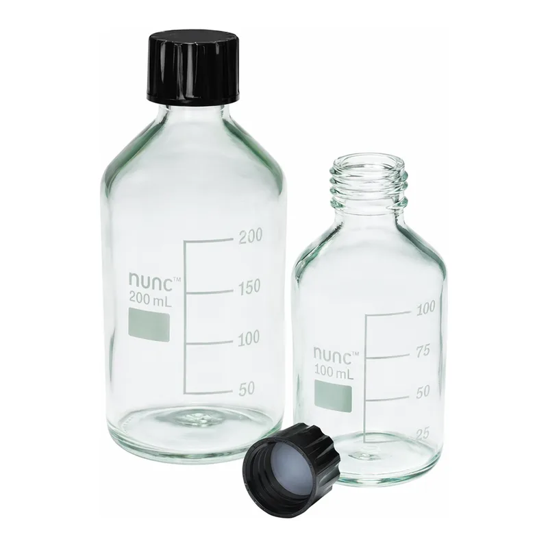 Merck Pyrex Reagent bottles, round bottom with reusable screw caps