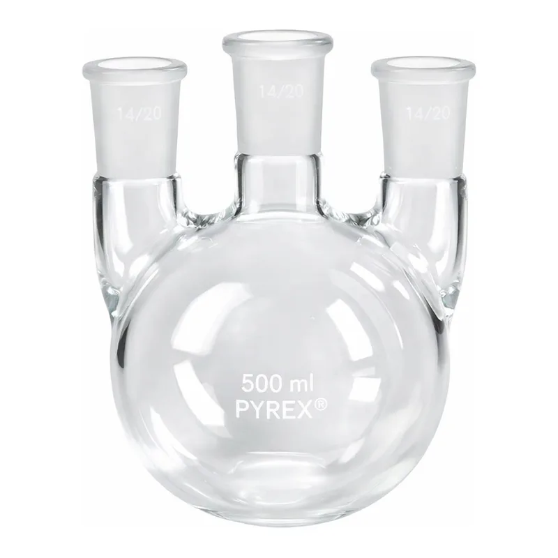 Merck Pyrex round-bottom three neck vertical unequal height flask