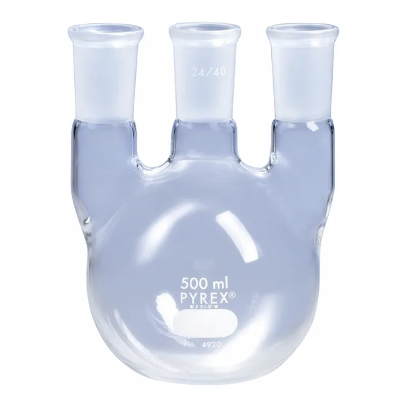 Merck Pyrex round-bottom vertical three neck distilling flask, with 24/40 joints