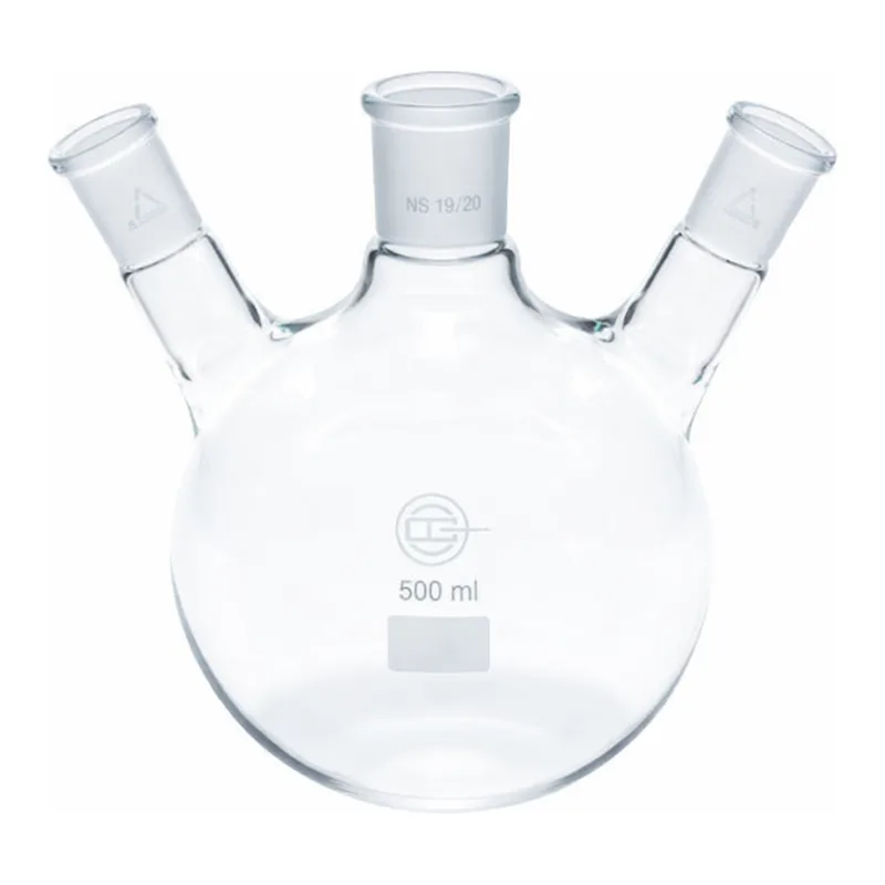 Merck Quickfit three-neck round-bottom flasks with angled necks