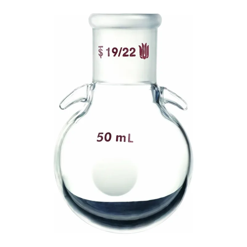 Merck Synthware single-neck round-bottom flask with joint hooks