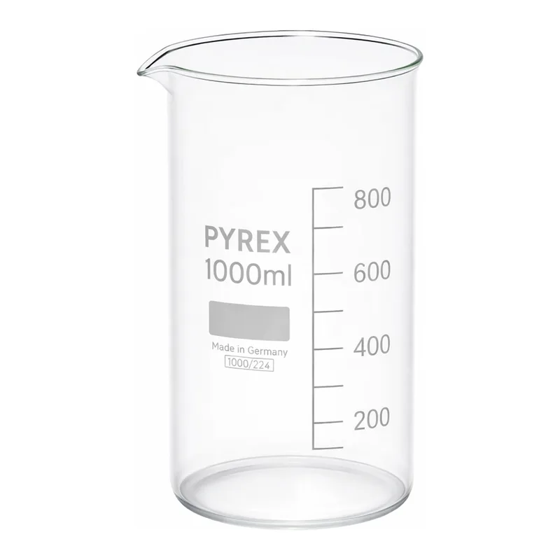 Merck Pyrex Berzelius beakers, graduated, tall form with spout, with printed trace code