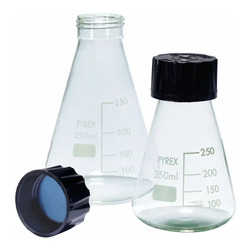 Merck Pyrex Erlenmeyer flask, graduated with SVL screwcaps