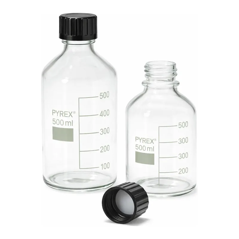 Merck Pyrex Reagent bottles, round bottom with reusable screw caps