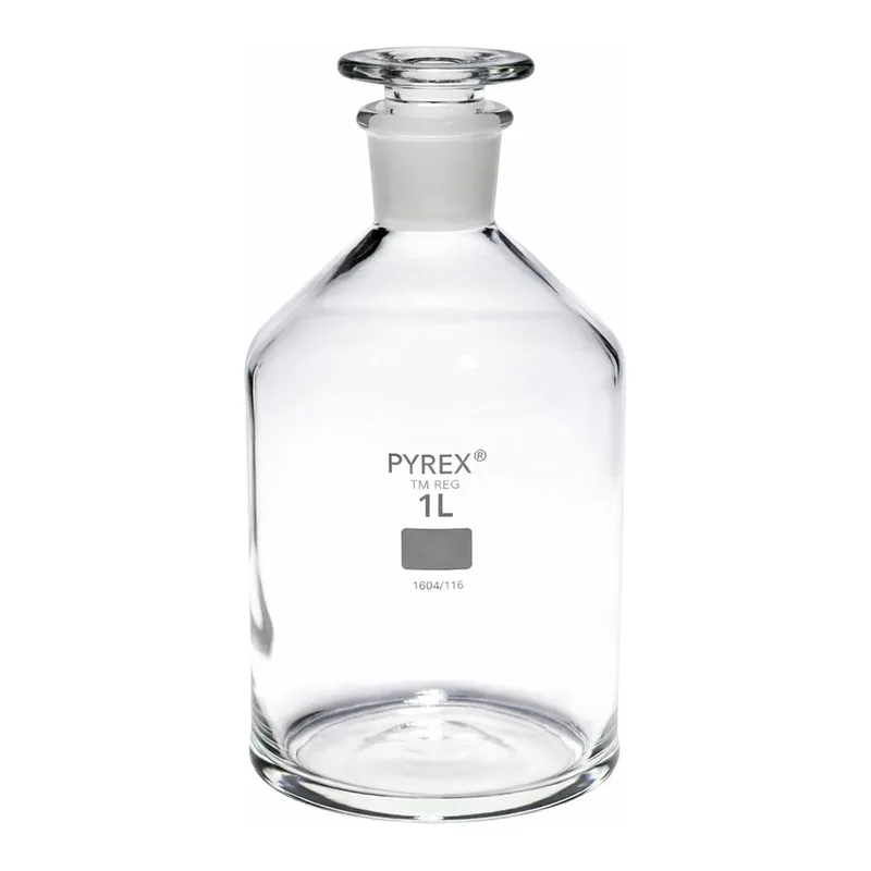 Merck Pyrex Reagent bottles, narrow neck with stopper