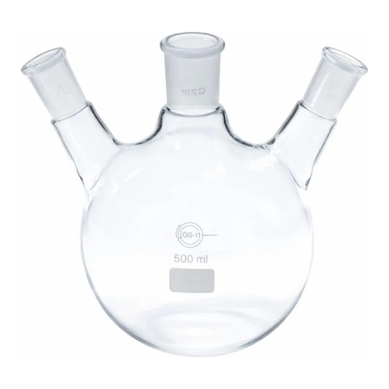 Merck Quickfit three-neck round-bottom flasks with angled necks