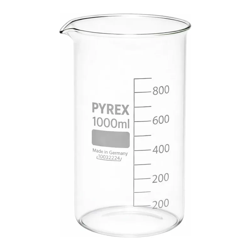 Merck Pyrex Berzelius beakers, graduated, tall form with spout, with printed trace code