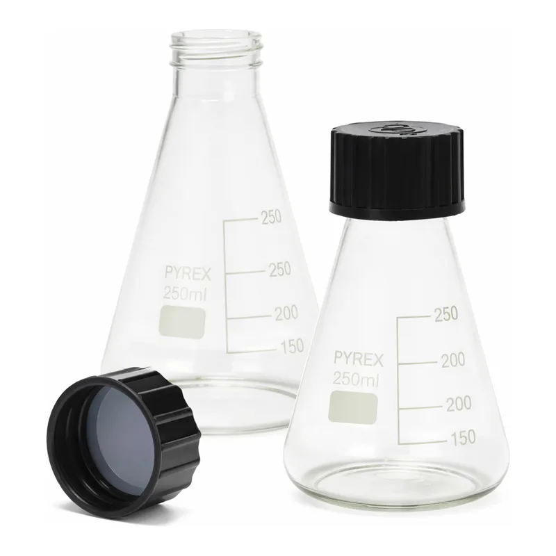 Merck Pyrex Erlenmeyer flask, graduated with SVL screwcaps