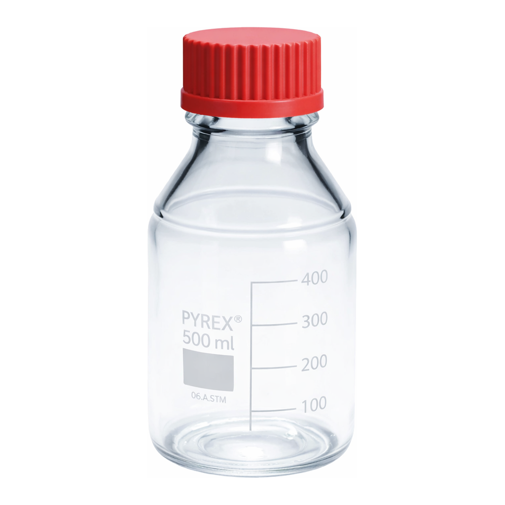 Merck Pyrex Media-Lab Bottles, with high temperature cap and pouring ring, with printed trace code