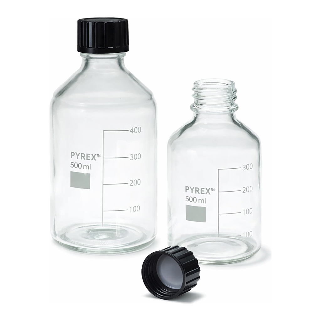 Merck Pyrex Reagent bottles, round bottom with reusable screw caps