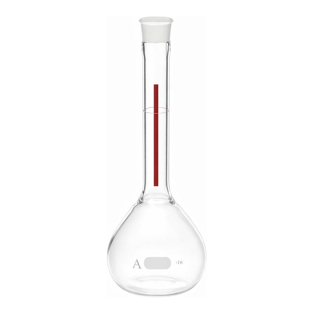 Merck Pyrex Lifetime-Red volumetric flask with Pyrex stopper