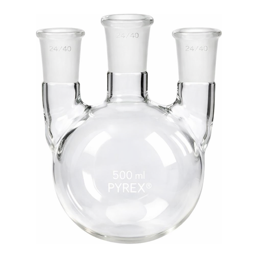 Merck Pyrex round-bottom three neck vertical unequal height flask