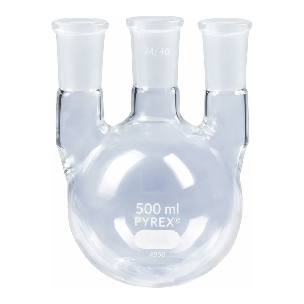 Merck Pyrex round-bottom vertical three neck distilling flask, with 24/40 joints