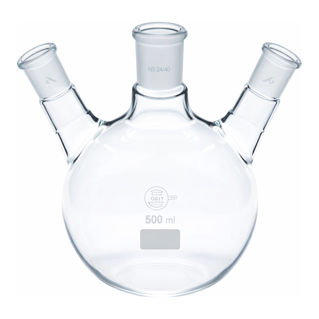 Merck Quickfit three-neck round-bottom flasks with angled necks