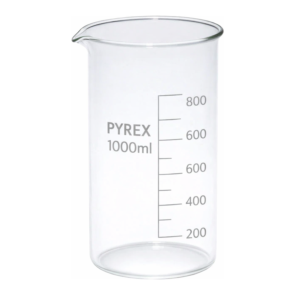 Merck Pyrex Berzelius beakers, graduated, tall form with spout, with printed trace code