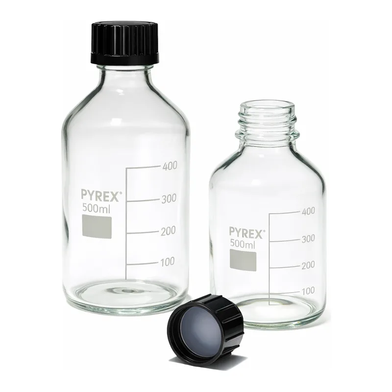 Merck Pyrex Reagent bottles, round bottom with reusable screw caps