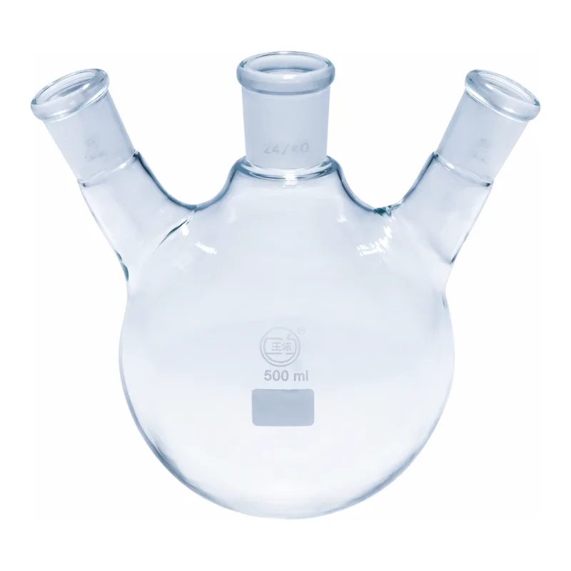 Merck Quickfit three-neck round-bottom flasks with angled necks