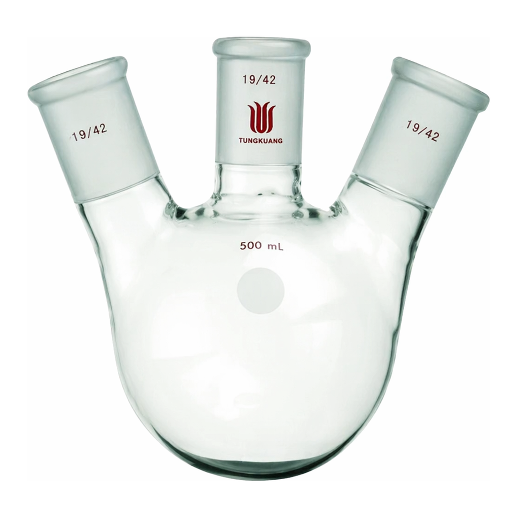 Merck Synthware three neck round bottom flask with angled side necks