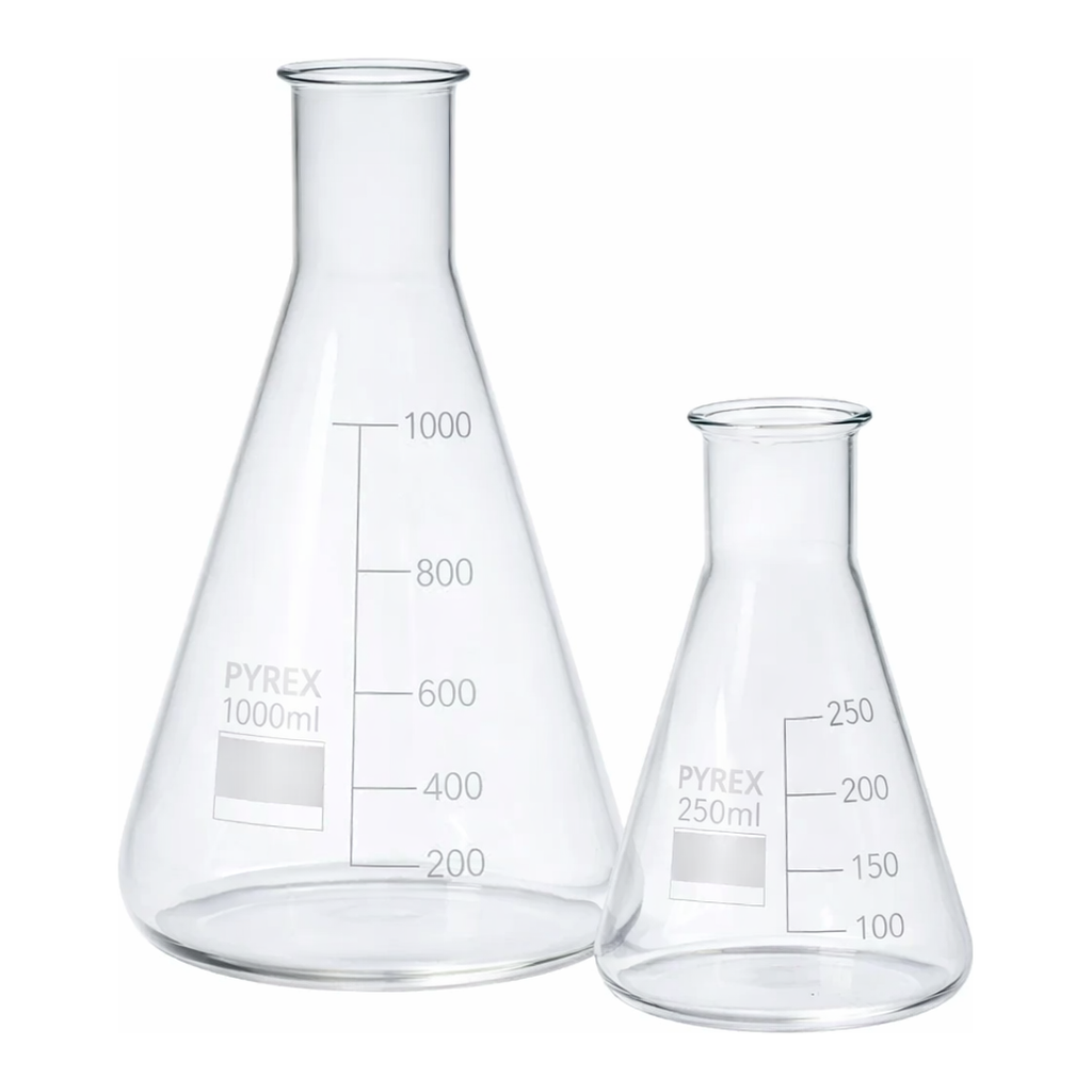 Merck Pyrex Erlenmeyer flask, narrow neck, with printed trace code
