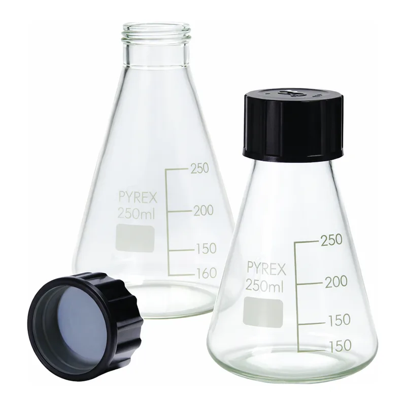 Merck Pyrex Erlenmeyer flask, graduated with SVL screwcaps