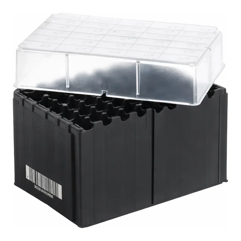 Greiner Bio One CRYO RACK FOR 48 CRYO TUBES 1272XX, PRE-BARCODEDBLACK, HIGH PROFILE, CODE 128 WITH CHECK DIGIT, S1 CENTERED, HUMAN READABLE NUMBER INCL. CHECK DIGIT, DATAMATRIX CODE ON RACK BOTTOM