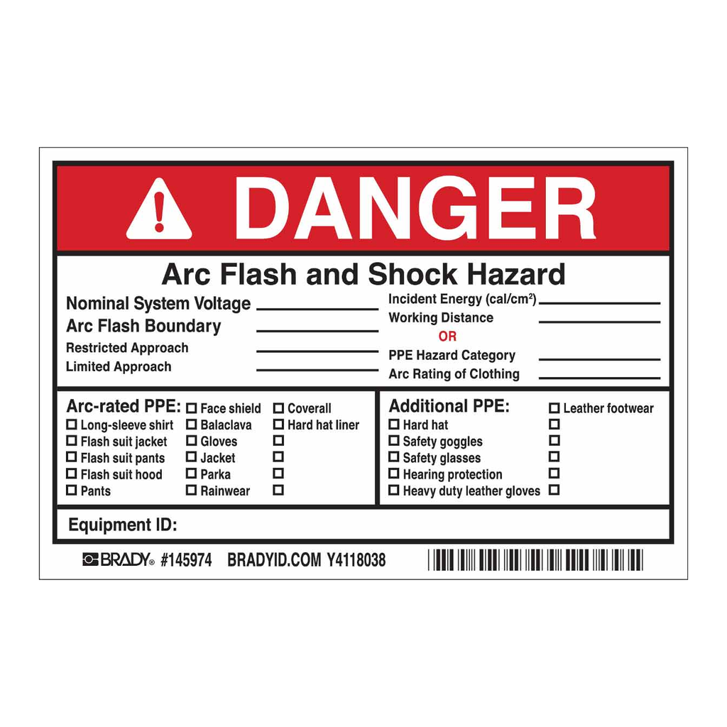 Brady DANGER Arc Flash And Shock Hazard Labels