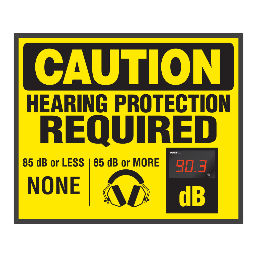 Brady Decibel Status Sign - CAUTION HEARING PROTECTION REQUIRED 85 DB OR LESS NONE 85 DB OR MORE, Headphone Picto