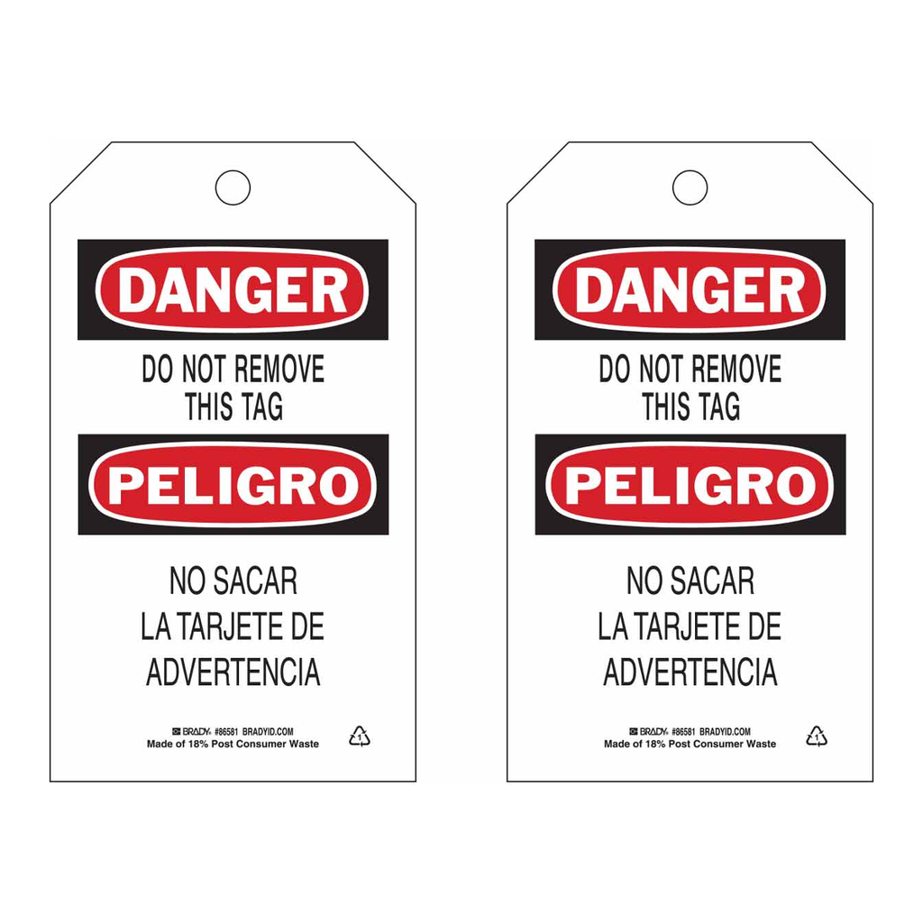 Brady Bilingual Accident Prevention Tags - DANGER Do Not Remove This Tag