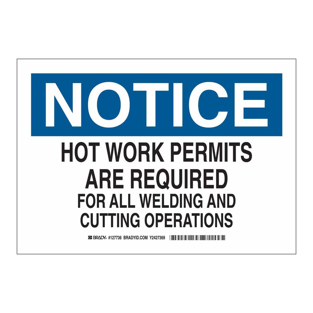 Brady NOTICE Hot Work Permits Are Required For All Welding And Cutting Operations Sign