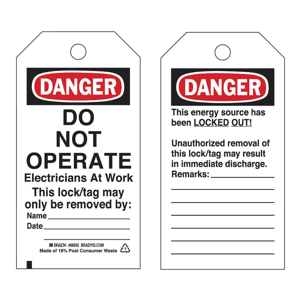 Brady DANGER Do Not Operate Electricians At Work Lockout Tagout Tags