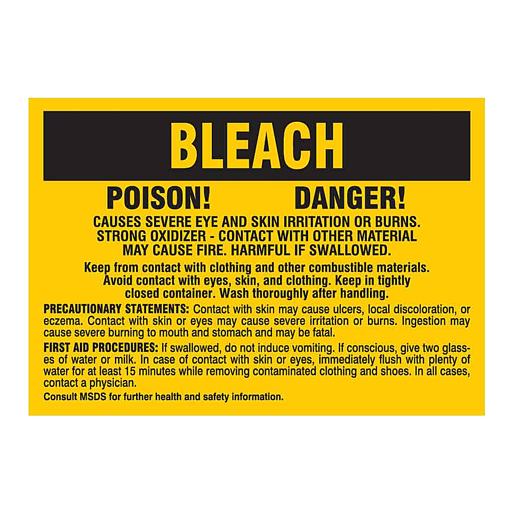 Brady Bleach Poison Danger Causes Severe Eye and Skin Irritation Or Burns Labels