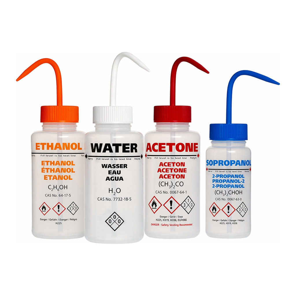 Merck AzlonÂ Multi-Lingual Safety Wash Bottles With Driplok Vapor Venting