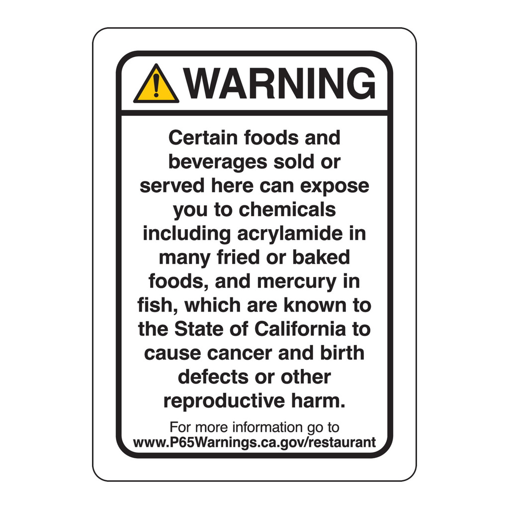 Brady California Prop 65 Restaurant Warning Sign