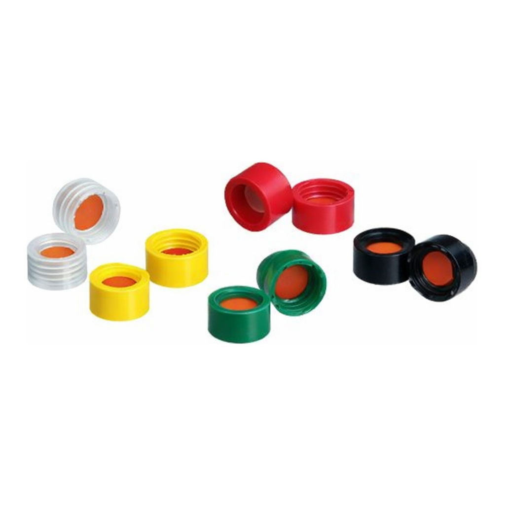 Restek Vial Closures, Shrt Cap, 9mm w/PTFE Butyl Rubber Liner Asst. Clrs Pack of 500