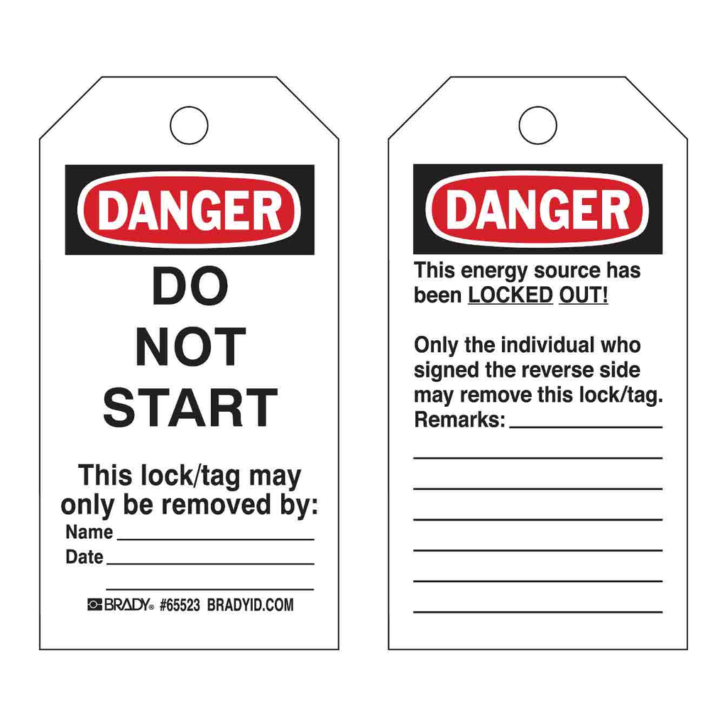 Brady DANGER Do Not Start Lockout Tagout Tags