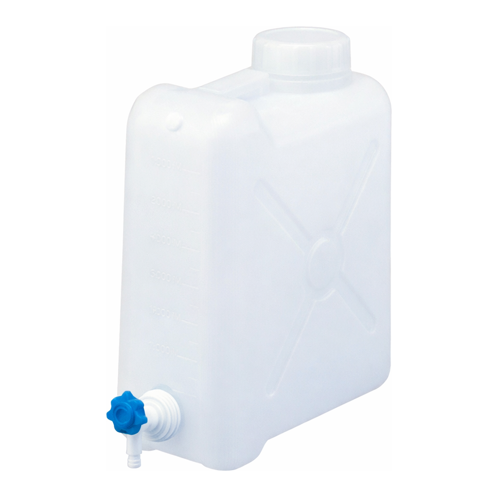 Daihan Science 10 & 20 Lit PE Max-discharge Square Bottle, with Wide Neck & Lever Stopcock<br>W