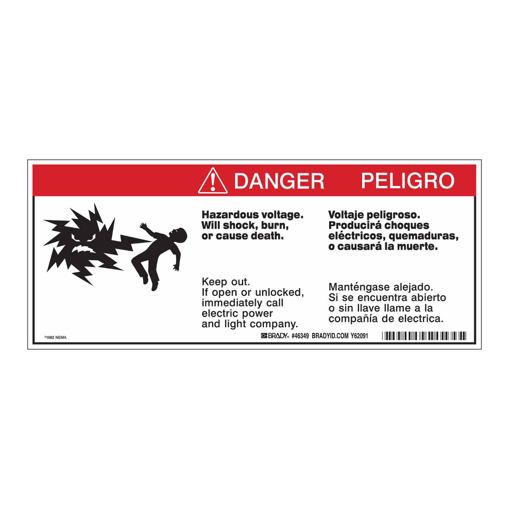 Brady Bilingual DANGER HAZARDOUS VOLTAGE INSIDE. CAN SHOCK, BURN, OR CAUSE DEATH Labels