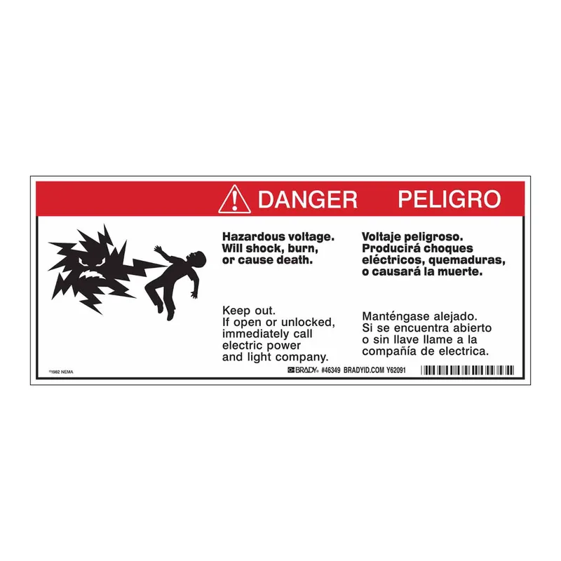 Brady Bilingual DANGER HAZARDOUS VOLTAGE INSIDE. CAN SHOCK, BURN, OR CAUSE DEATH Labels