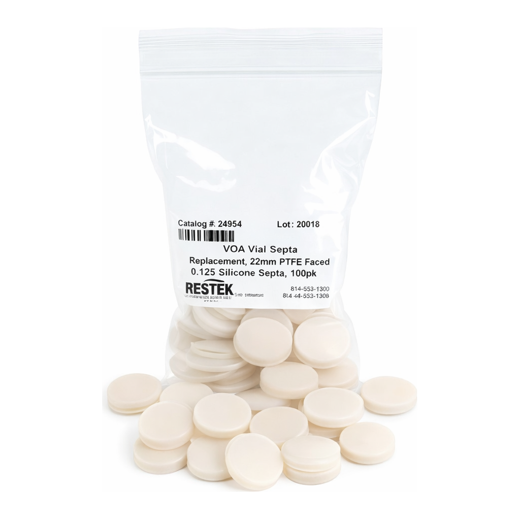Restek VOA Vial Septa, Replacement, 24mm PTFE Faced 0.125in Silicone Septa, 100pk For use w/20,40