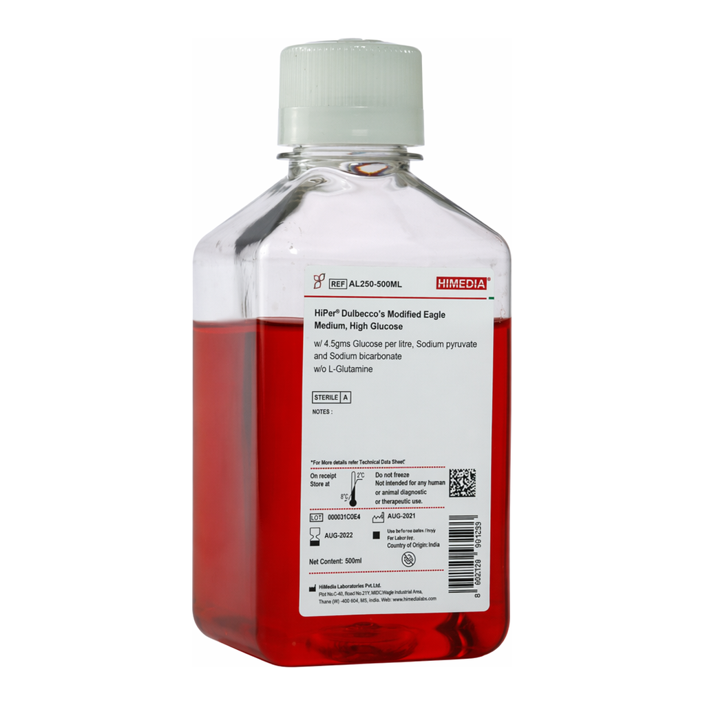 Himedia HiPer® Dulbecco`s Modified Eagle Medium, High Glucose w/ 4.5gms Glucose per litre, Sodium pyruvate and Sodium bicarbonate w/o L-Glutamine