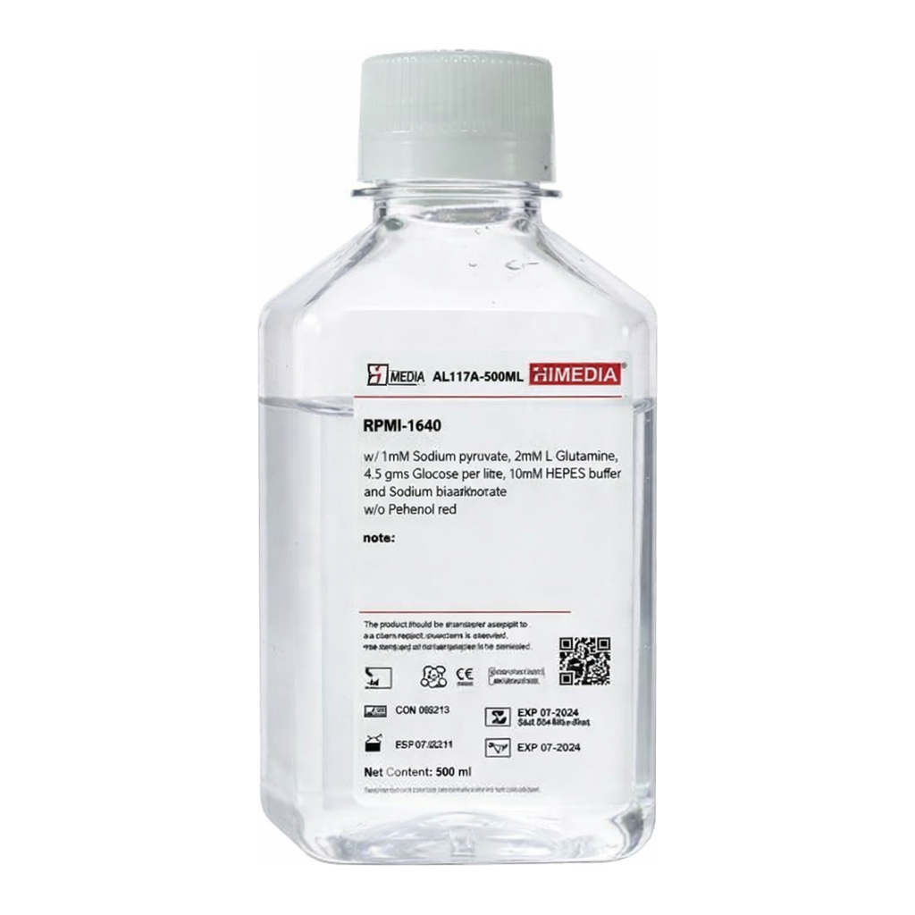Himedia RPMI-1640 w/ 1mM Sodium pyruvate, 2mM L-Glutamine, 4.5 gms Glucose per litre, 10mM HEPES buffer and Sodium bicarbonate w/o Phenol red
