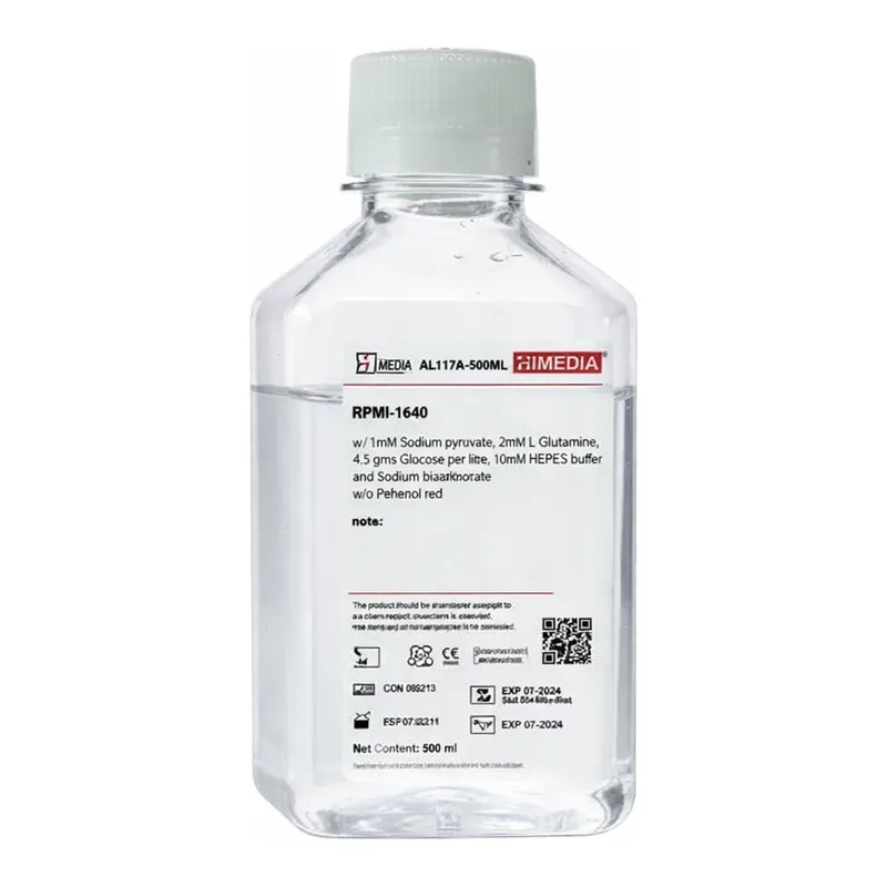Himedia RPMI-1640 w/ 1mM Sodium pyruvate, 2mM L-Glutamine, 4.5 gms Glucose per litre, 10mM HEPES buffer and Sodium bicarbonate w/o Phenol red
