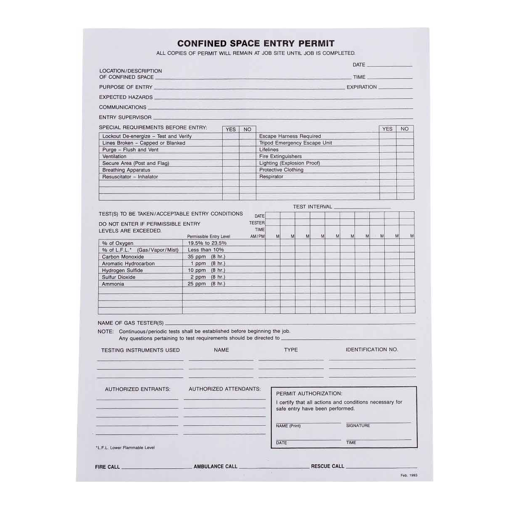 Brady Confined Space Entry Permits