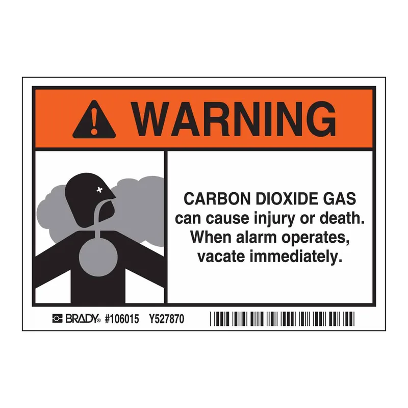 Brady WARNING Carbon Dioxide Gas Can Cause Injury Or Death. When Alarm Operates Vacate Immediately. Sign